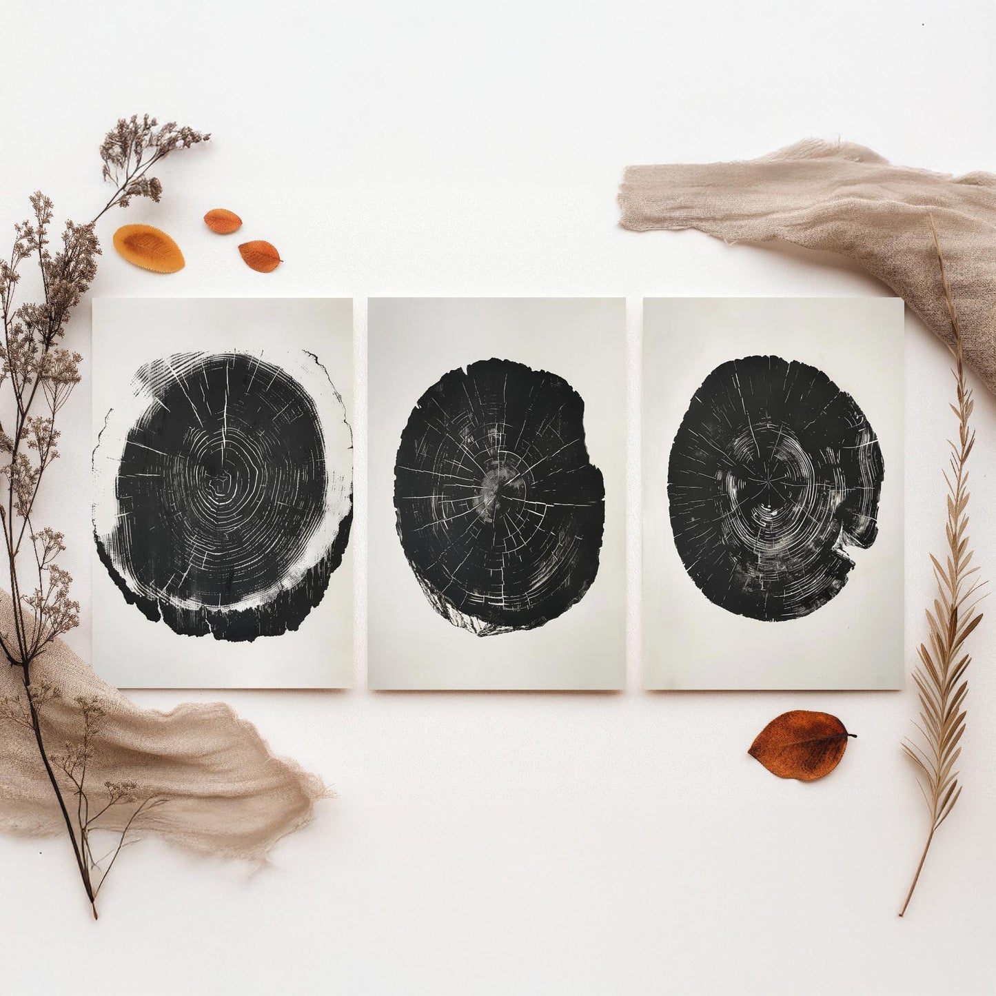 Bold Black Ink Tree Ring Set of Three Art Prints Poster Illustration Decor