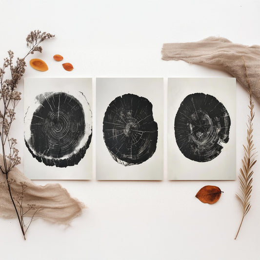 Bold Black Ink Tree Ring Set of Three Art Prints Poster Illustration Decor