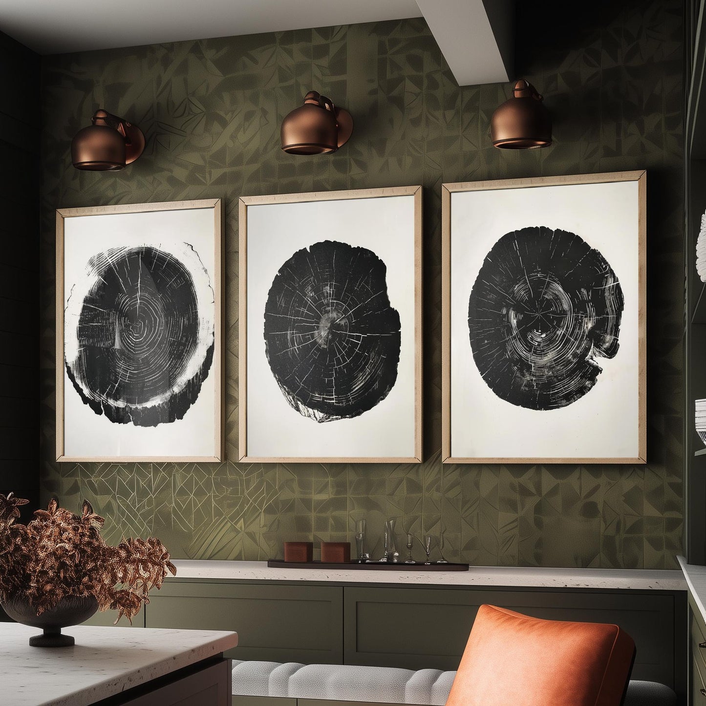 Bold Black Ink Tree Ring Set of Three Art Prints Poster Illustration Decor