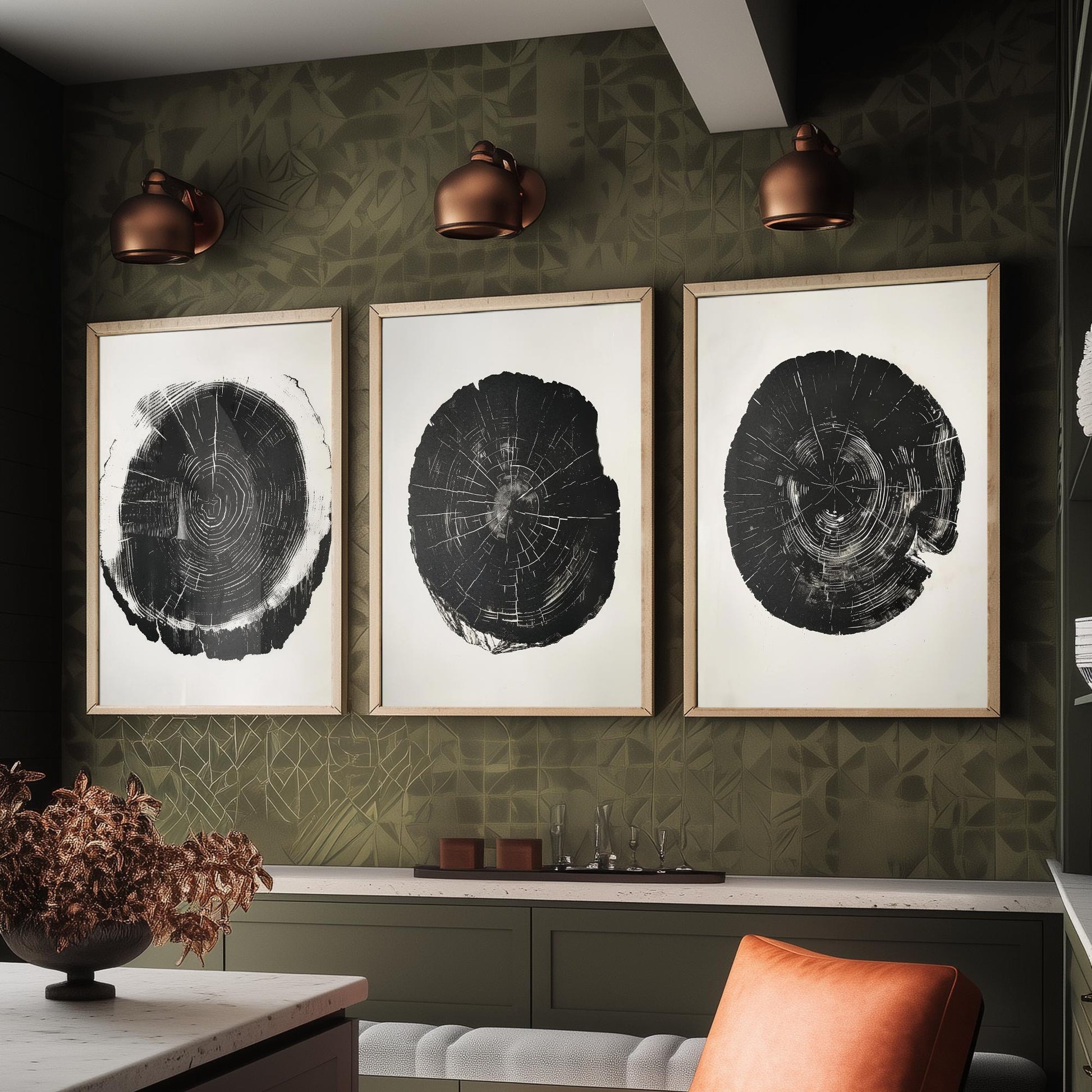 Bold Black Ink Tree Ring Set of Three Art Prints Poster Illustration Decor