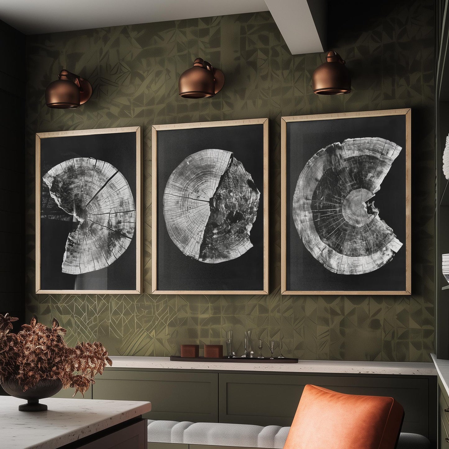 Inverted White Cracked Tree Ring Set of Three Art Prints Poster Illustration V1