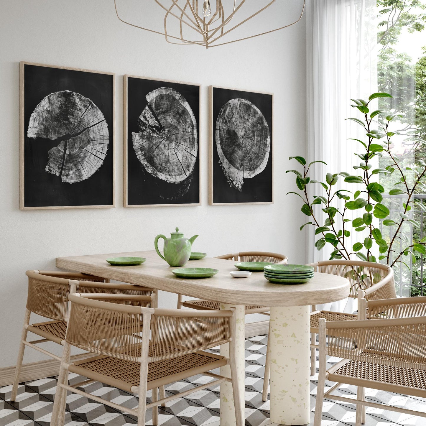 Inverted Grey Cracked Tree Ring Set of Three Art Prints Poster Illustration V2