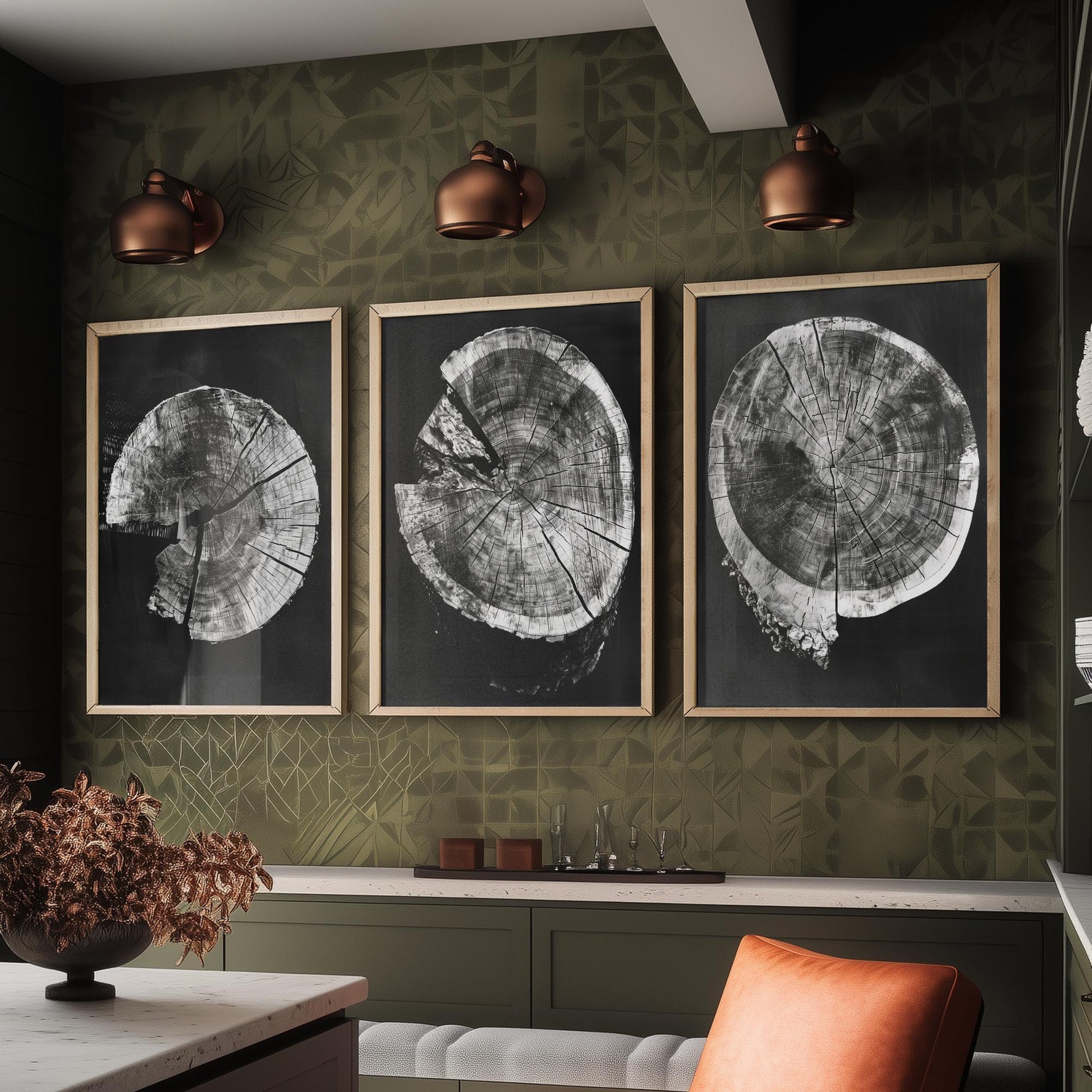 Inverted Grey Cracked Tree Ring Set of Three Art Prints Poster Illustration V2