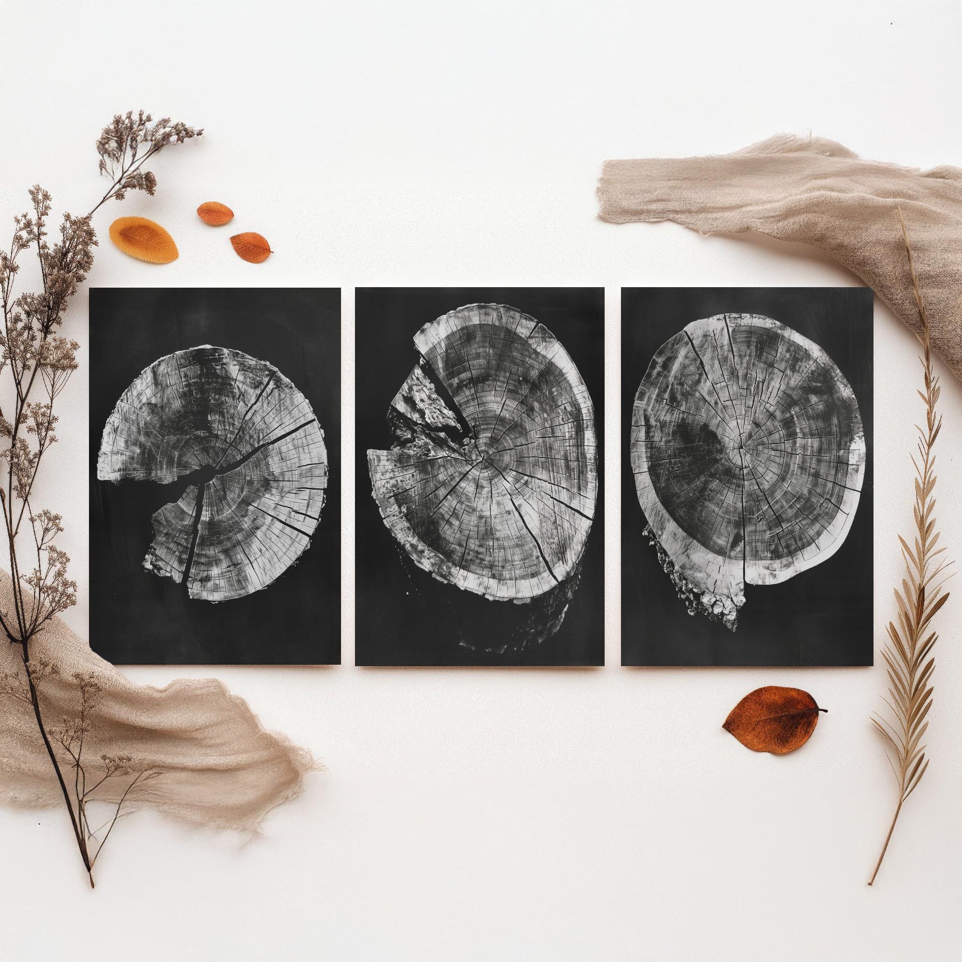 Inverted Grey Cracked Tree Ring Set of Three Art Prints Poster Illustration V2