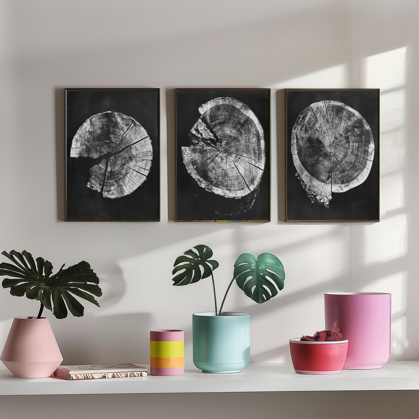 Inverted Grey Cracked Tree Ring Set of Three Art Prints Poster Illustration V2