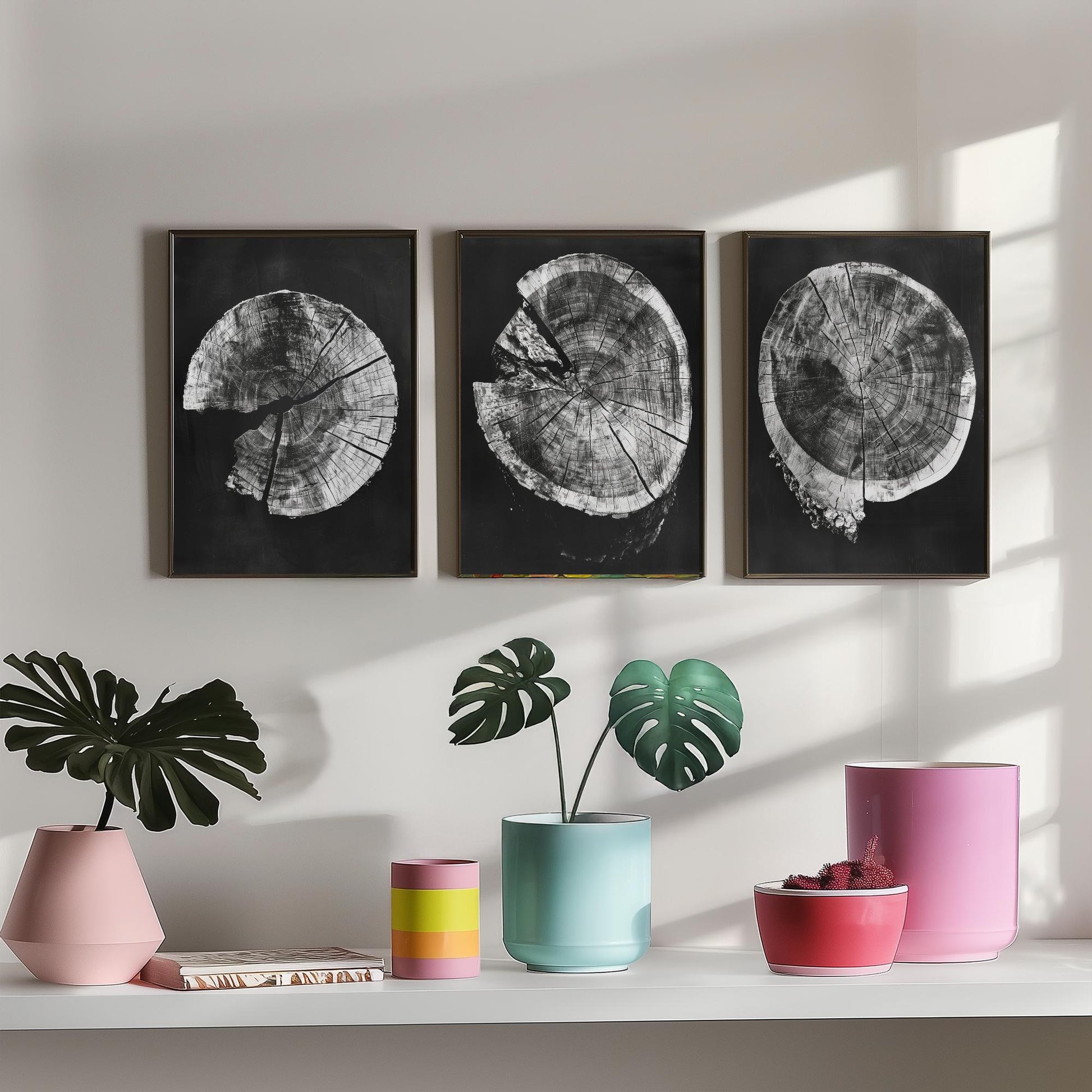 Inverted Grey Cracked Tree Ring Set of Three Art Prints Poster Illustration V2