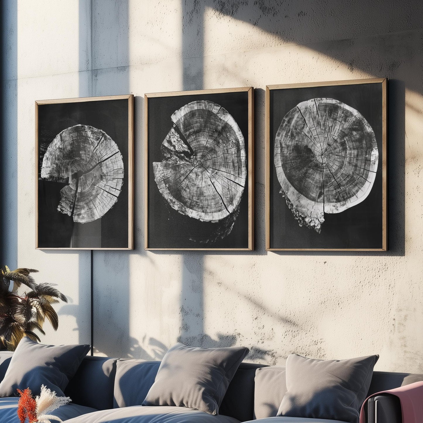 Inverted Grey Cracked Tree Ring Set of Three Art Prints Poster Illustration V2