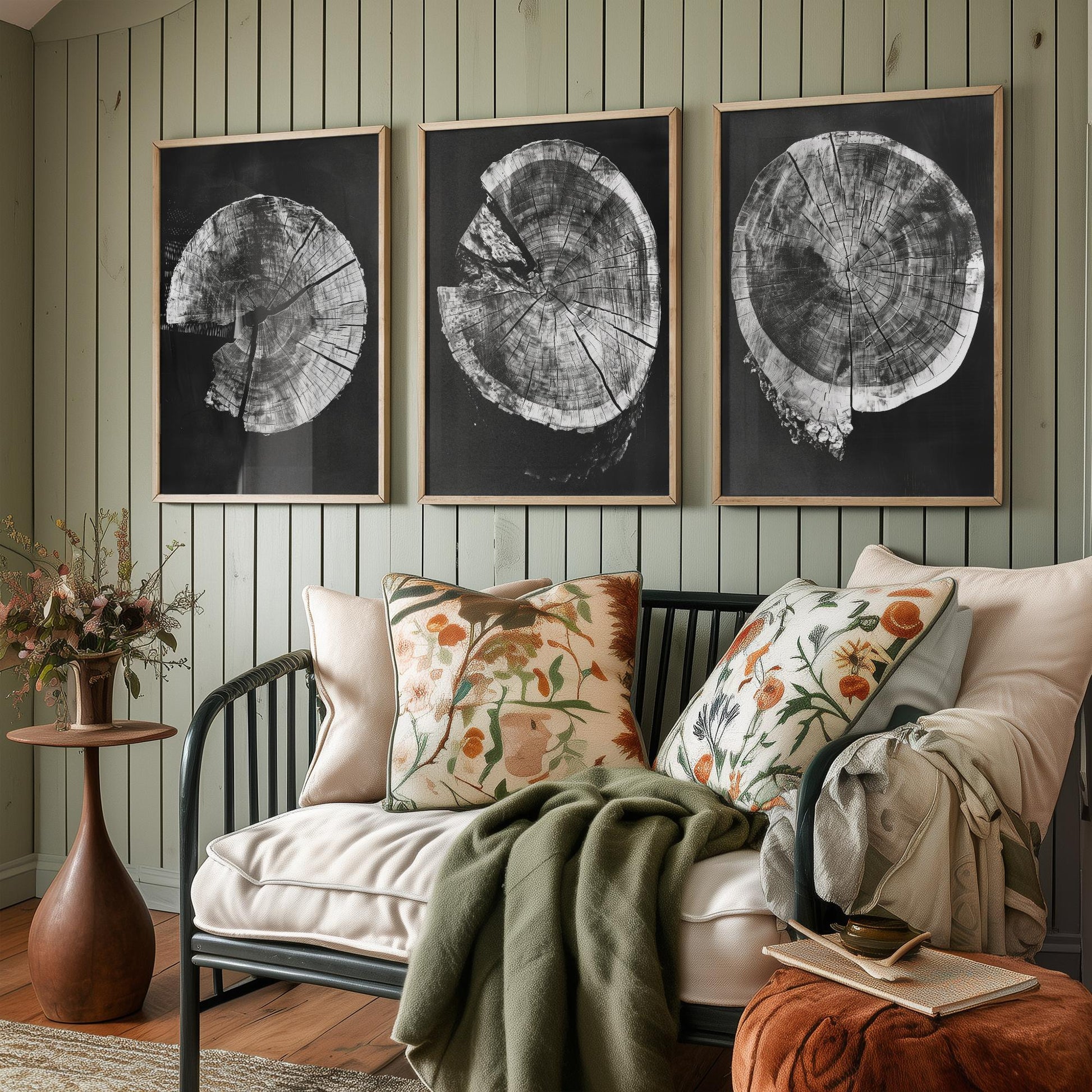 Inverted Grey Cracked Tree Ring Set of Three Art Prints Poster Illustration V2