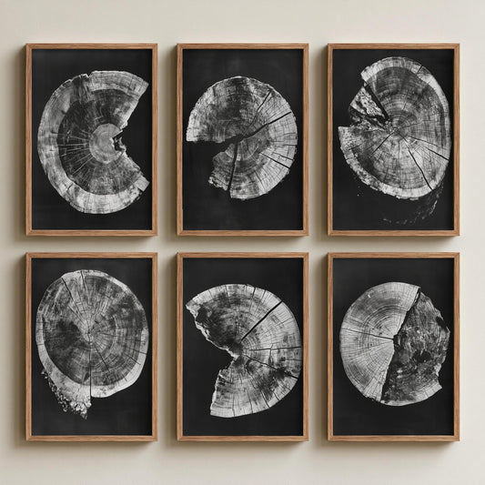 Set of Six Black and White Tree Ring Art Prints - 6 Broken Wood Slice Posters - Cracked Timber Rounds on Black Photo