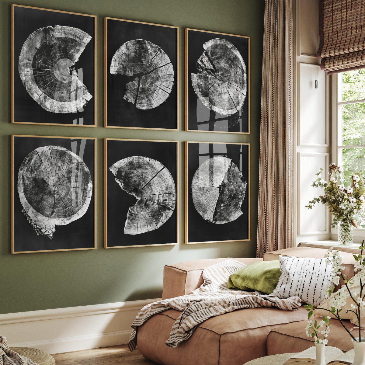 Set of Six Black and White Tree Ring Art Prints - 6 Broken Wood Slice Posters - Cracked Timber Rounds on Black Photo