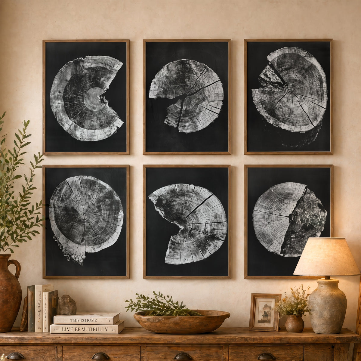 Set of Six Black and White Tree Ring Art Prints - 6 Broken Wood Slice Posters - Cracked Timber Rounds on Black Photo