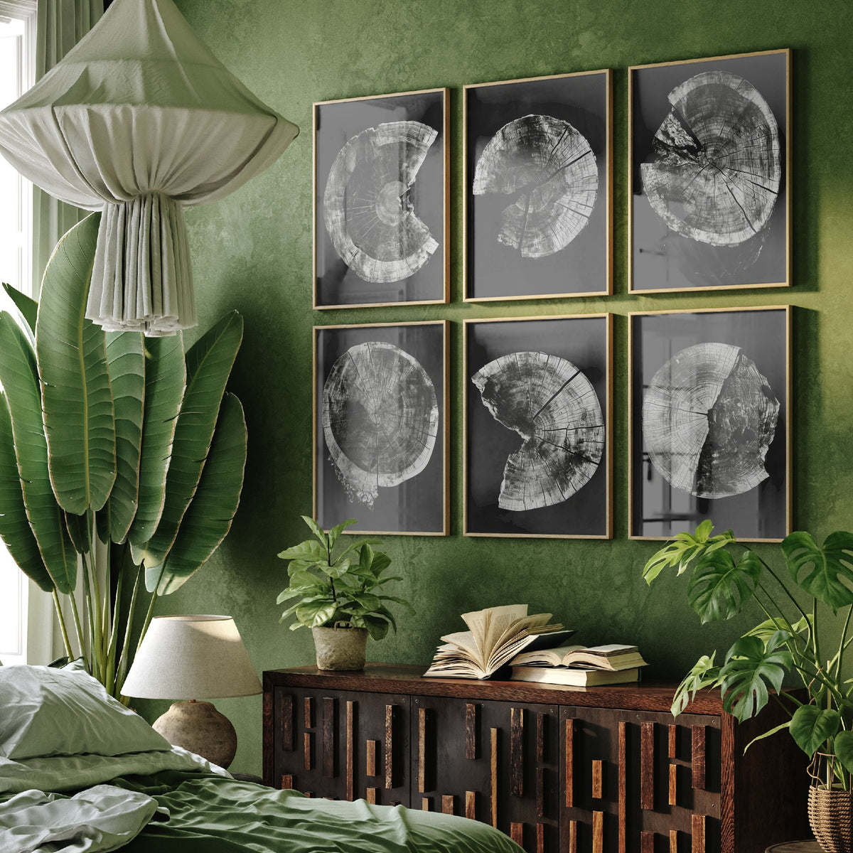 Set of Six Black and White Tree Ring Art Prints - 6 Broken Wood Slice Posters - Cracked Timber Rounds on Black Photo