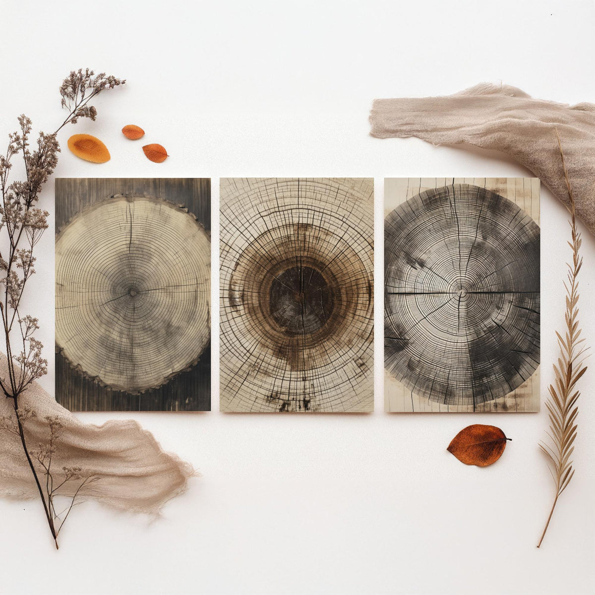 Tree Ring Stump Set of Three Art Prints - Sepia Log Slices with Heartwood and Cracks - Rustic Wood Grain Illustration Poster V2