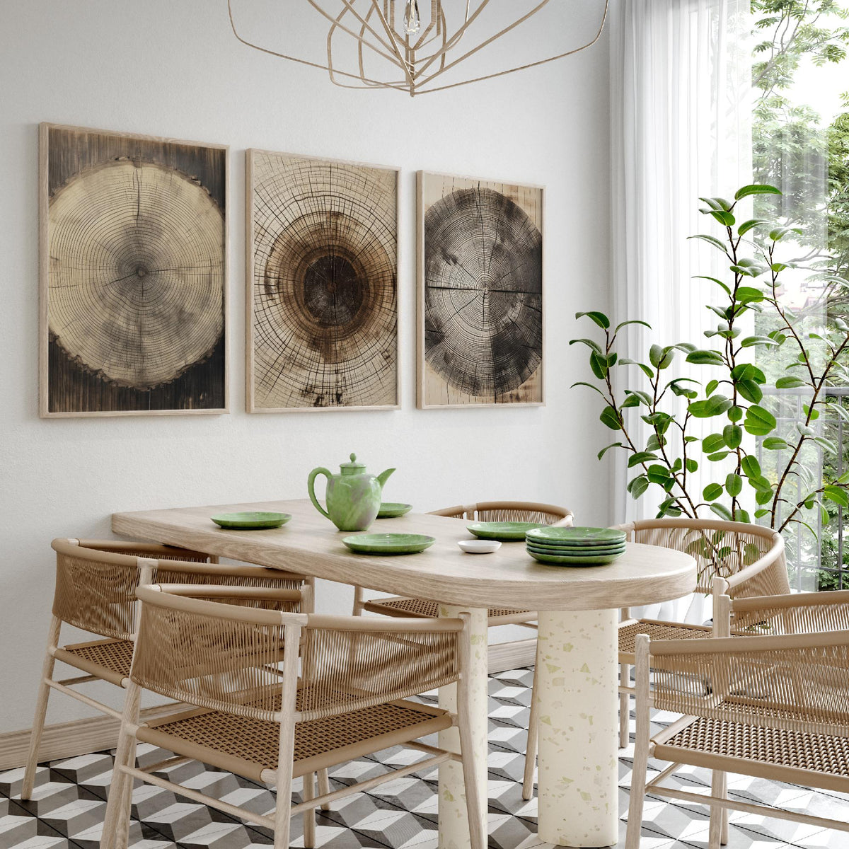 Tree Ring Stump Set of Three Art Prints - Sepia Log Slices with Heartwood and Cracks - Rustic Wood Grain Illustration Poster V2