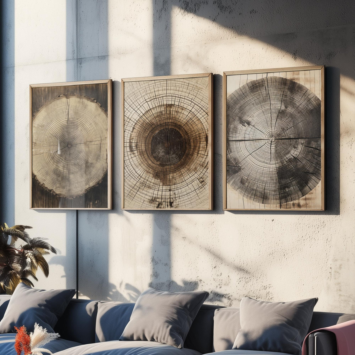 Tree Ring Stump Set of Three Art Prints - Sepia Log Slices with Heartwood and Cracks - Rustic Wood Grain Illustration Poster V2