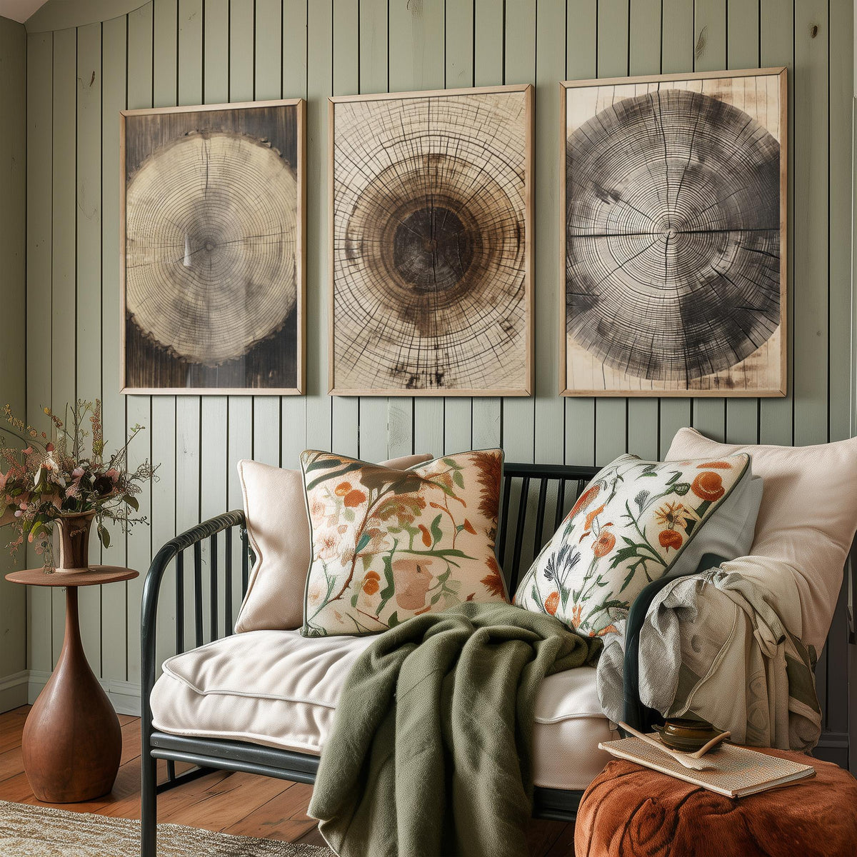 Tree Ring Stump Set of Three Art Prints - Sepia Log Slices with Heartwood and Cracks - Rustic Wood Grain Illustration Poster V2
