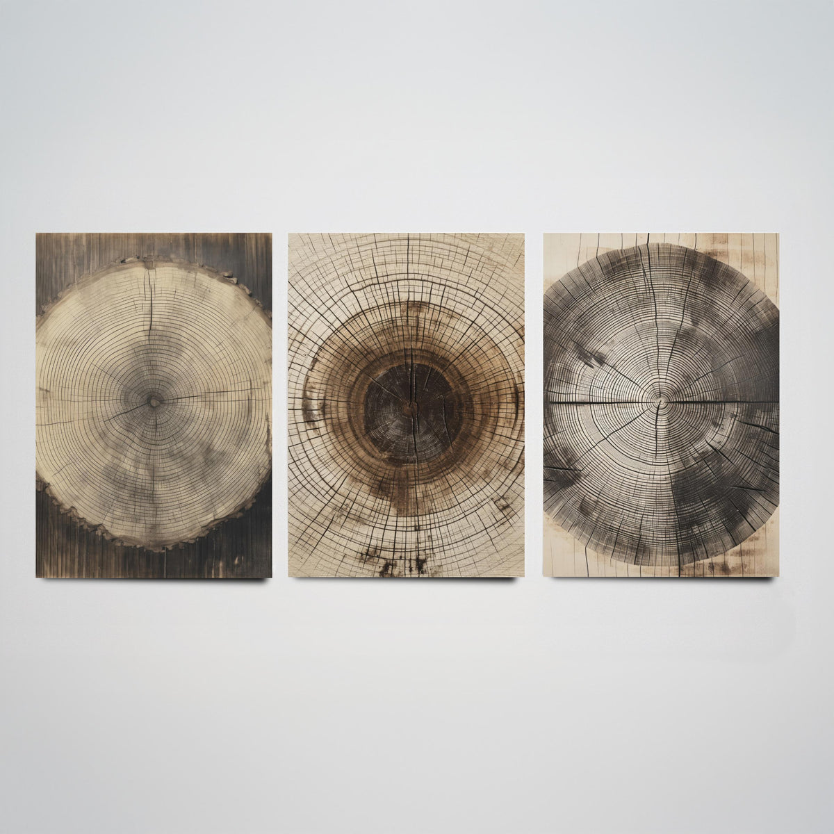 Tree Ring Stump Set of Three Art Prints - Sepia Log Slices with Heartwood and Cracks - Rustic Wood Grain Illustration Poster V2