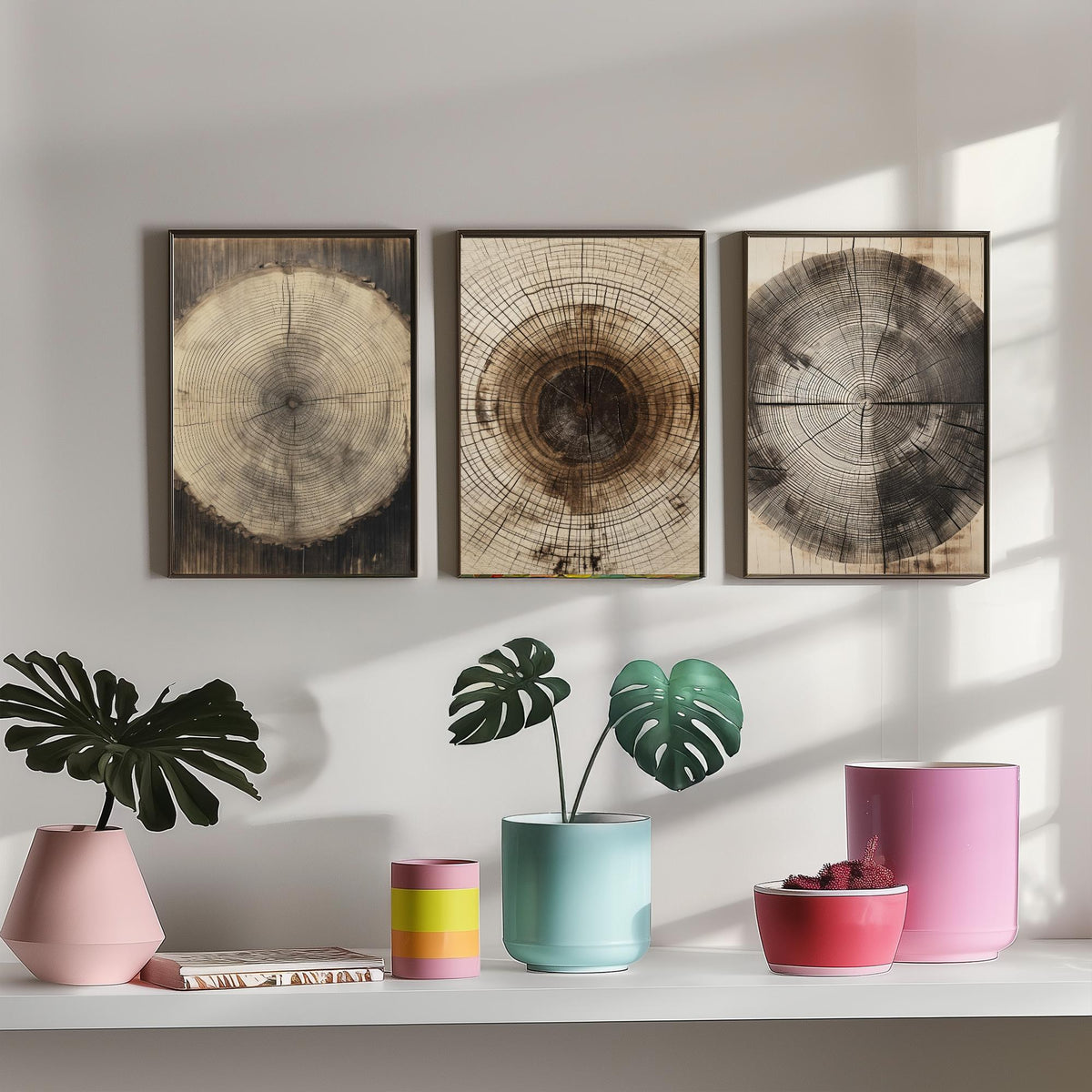 Tree Ring Stump Set of Three Art Prints - Sepia Log Slices with Heartwood and Cracks - Rustic Wood Grain Illustration Poster V2