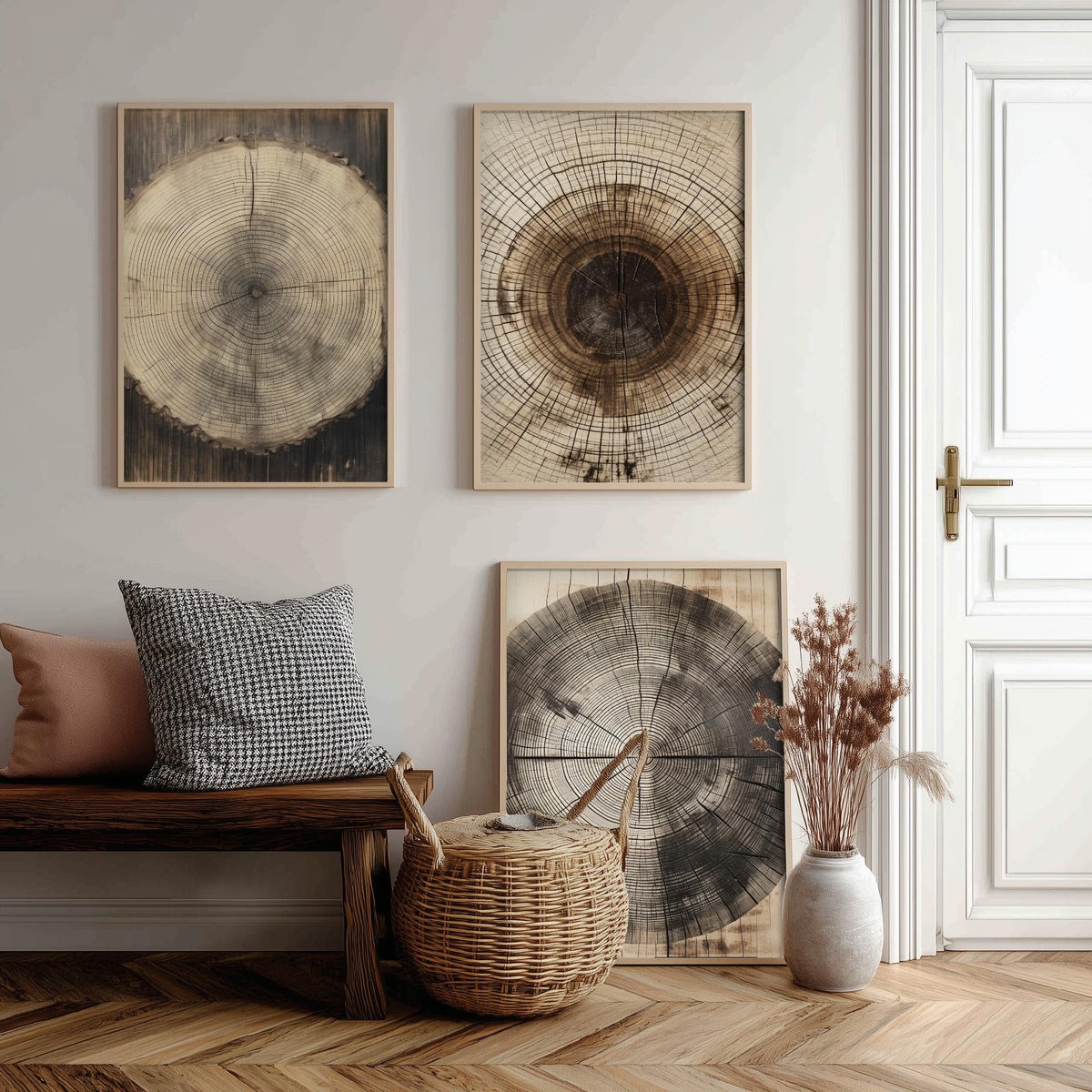 Tree Ring Stump Set of Three Art Prints - Sepia Log Slices with Heartwood and Cracks - Rustic Wood Grain Illustration Poster V2