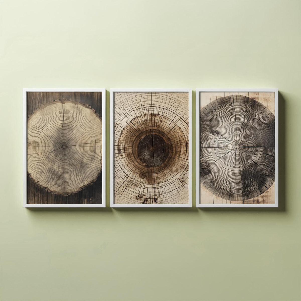 Tree Ring Stump Set of Three Art Prints - Sepia Log Slices with Heartwood and Cracks - Rustic Wood Grain Illustration Poster V2