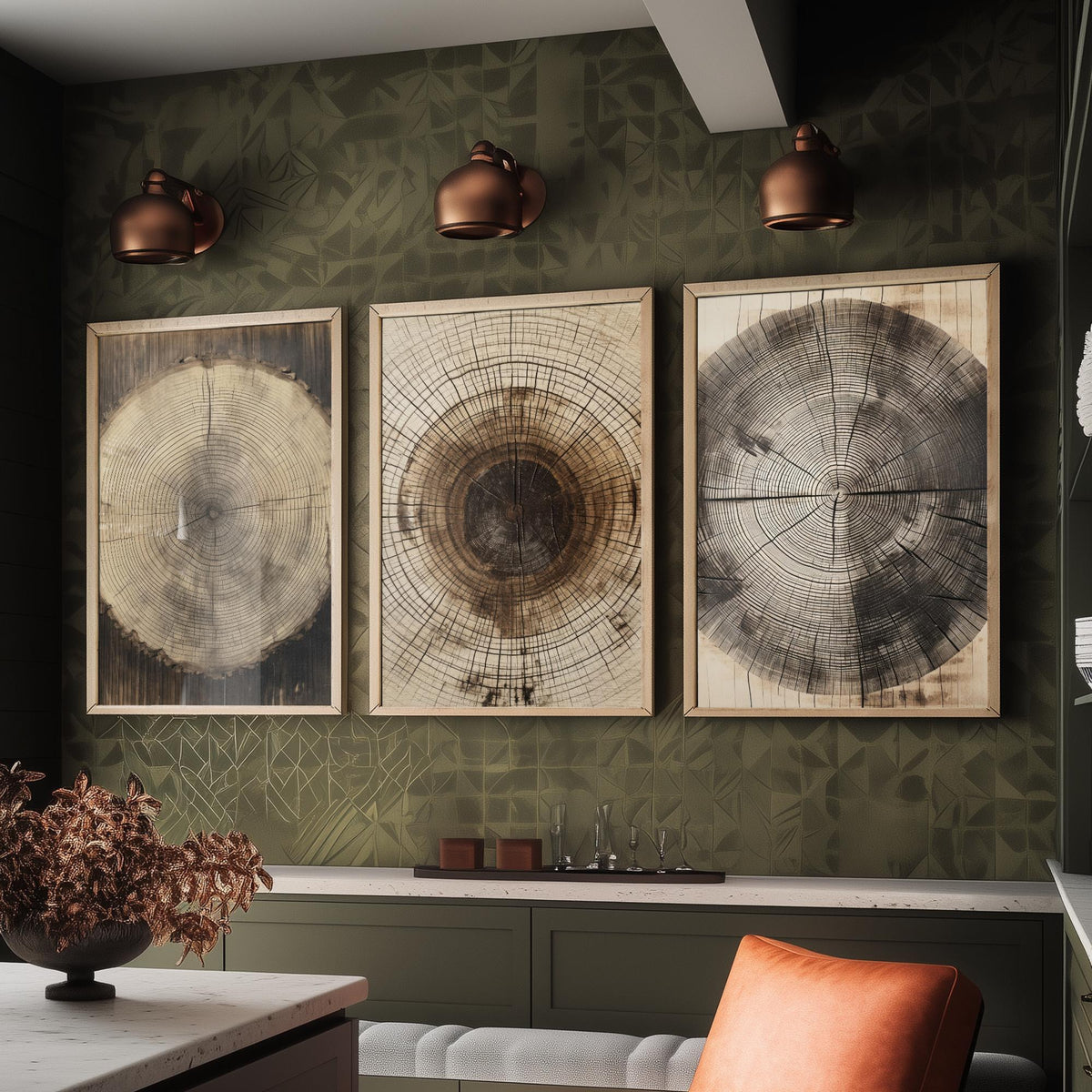 Tree Ring Stump Set of Three Art Prints - Sepia Log Slices with Heartwood and Cracks - Rustic Wood Grain Illustration Poster V2