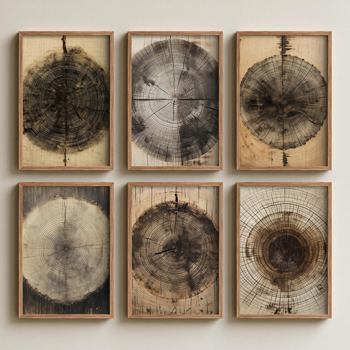 Set of Six Tree Ring Art Prints - 6 Wood Grain Posters - Timber Stump Rings in Sepia, Charcoal and Natural Wood Drawing