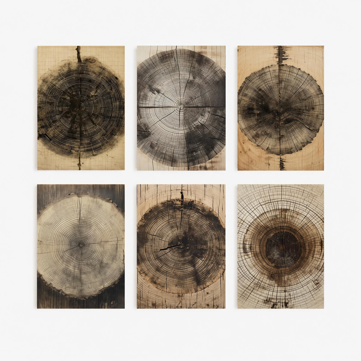 Set of Six Tree Ring Art Prints - 6 Wood Grain Posters - Timber Stump Rings in Sepia, Charcoal and Natural Wood Drawing