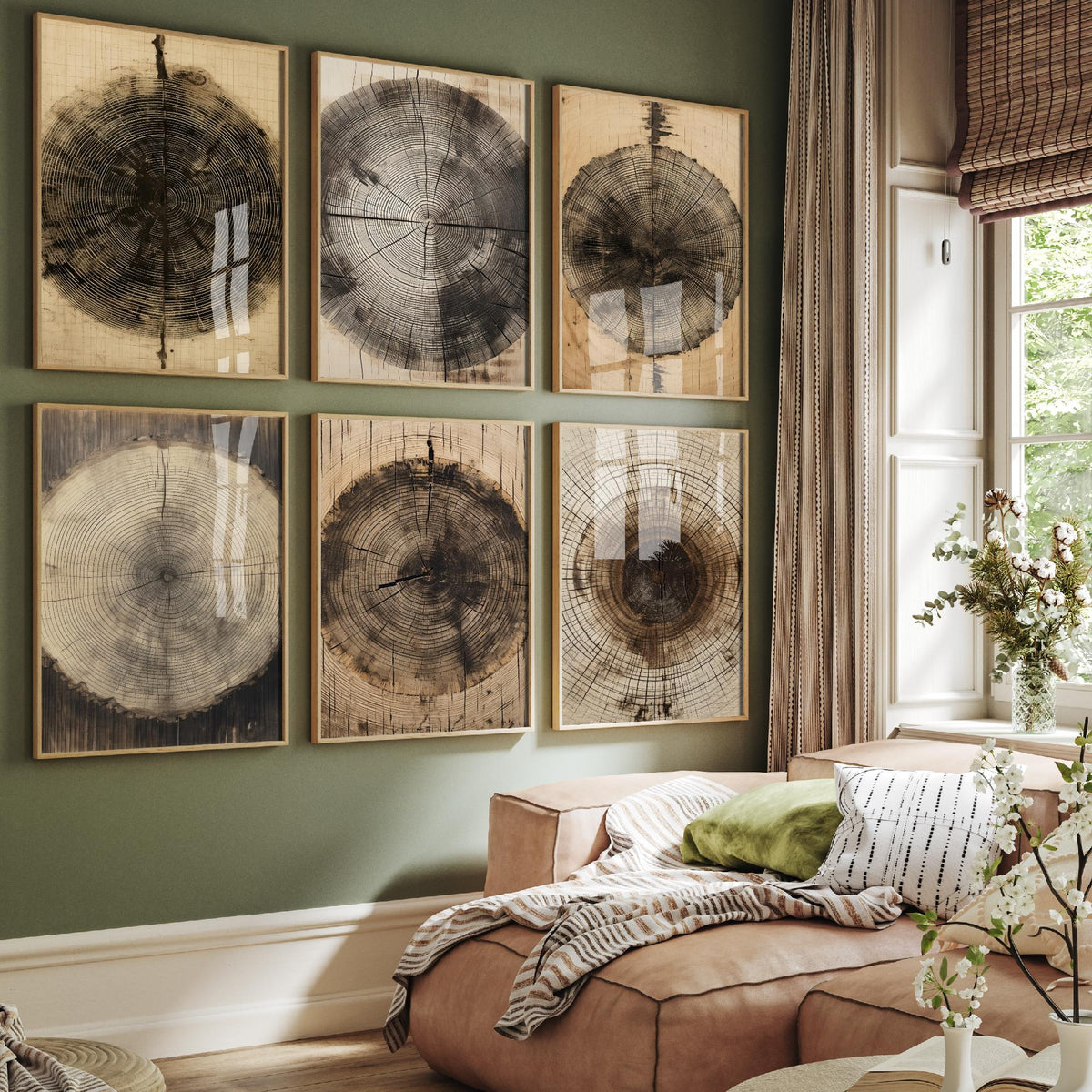Set of Six Tree Ring Art Prints - 6 Wood Grain Posters - Timber Stump Rings in Sepia, Charcoal and Natural Wood Drawing
