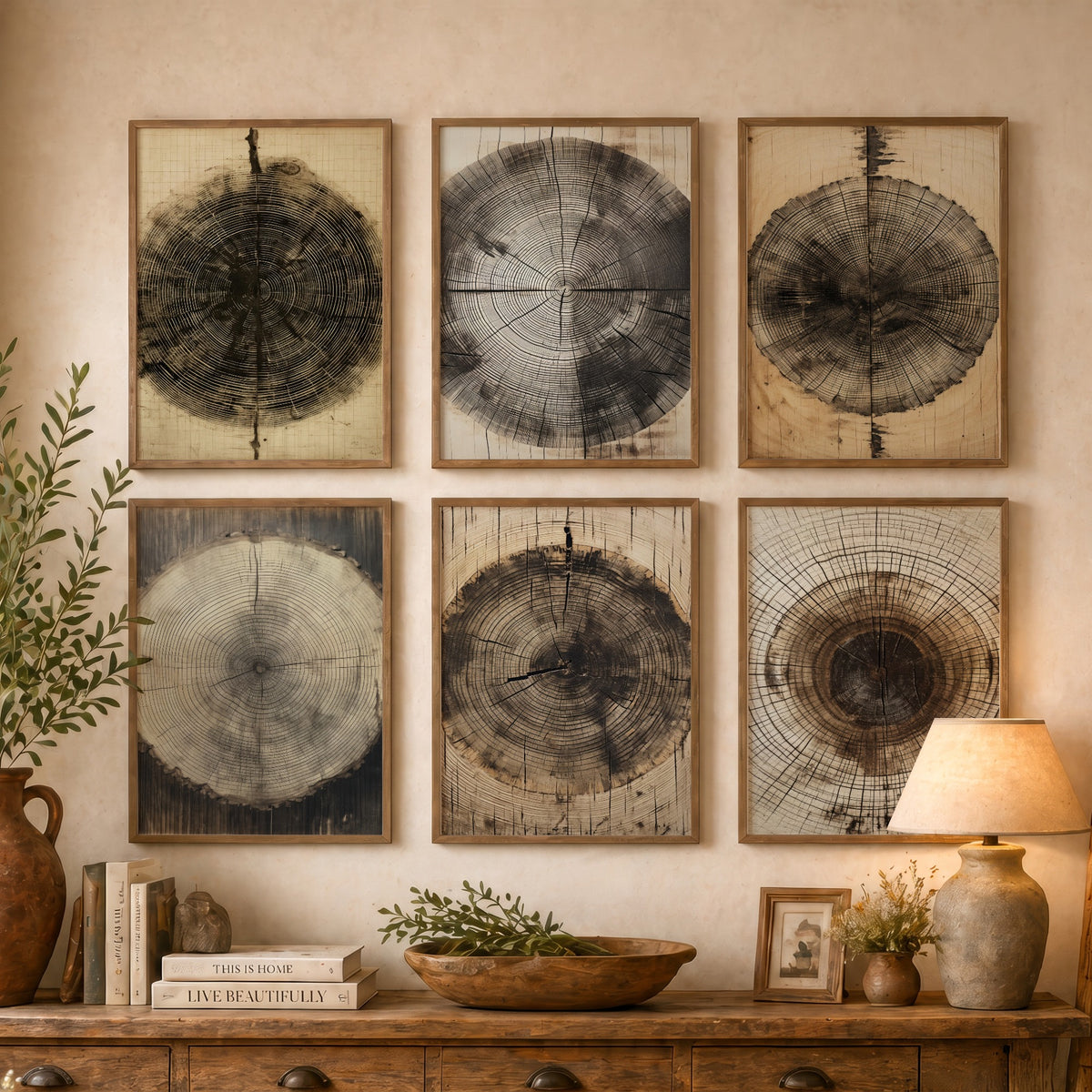 Set of Six Tree Ring Art Prints - 6 Wood Grain Posters - Timber Stump Rings in Sepia, Charcoal and Natural Wood Drawing
