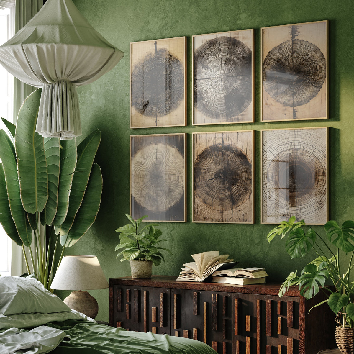Set of Six Tree Ring Art Prints - 6 Wood Grain Posters - Timber Stump Rings in Sepia, Charcoal and Natural Wood Drawing