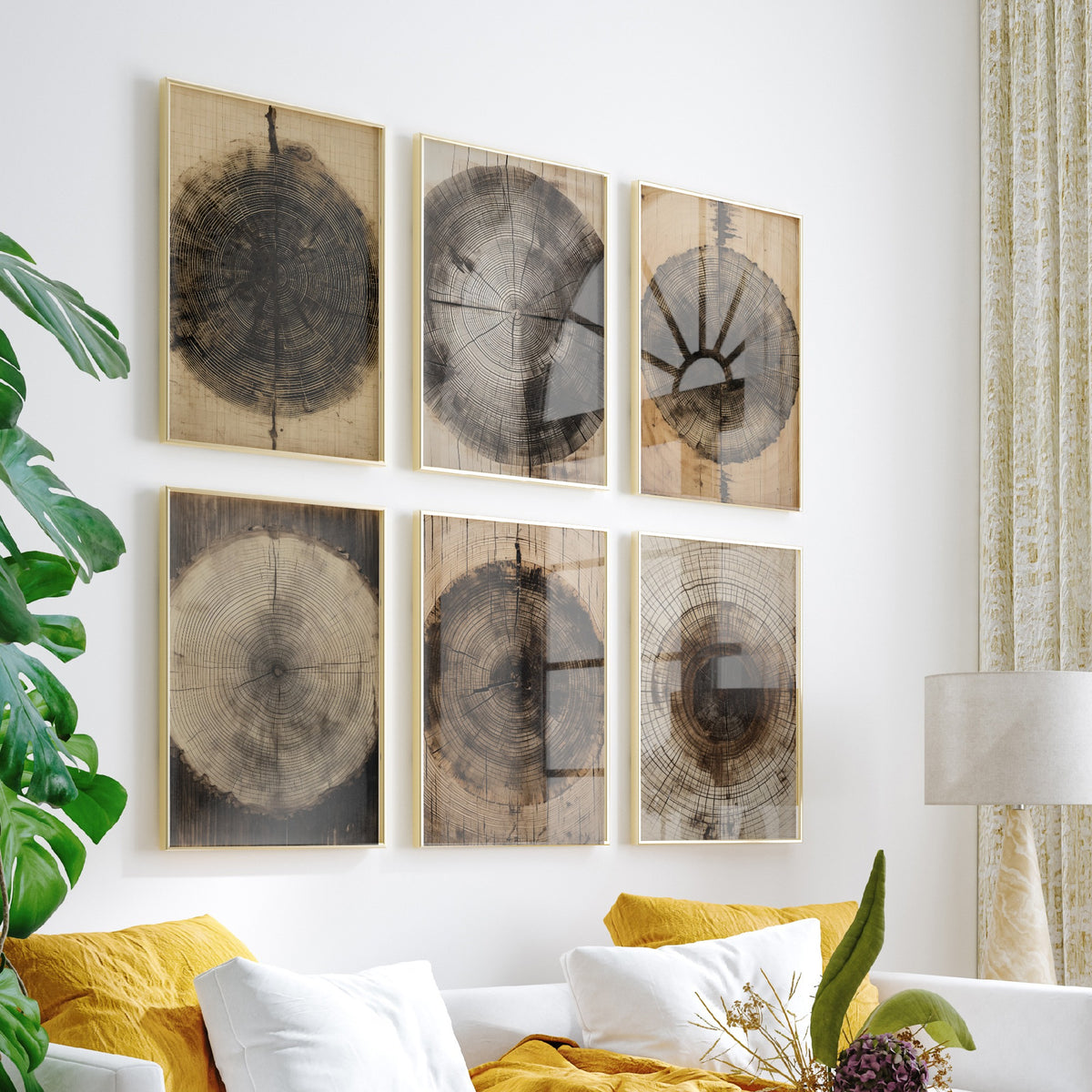 Set of Six Tree Ring Art Prints - 6 Wood Grain Posters - Timber Stump Rings in Sepia, Charcoal and Natural Wood Drawing