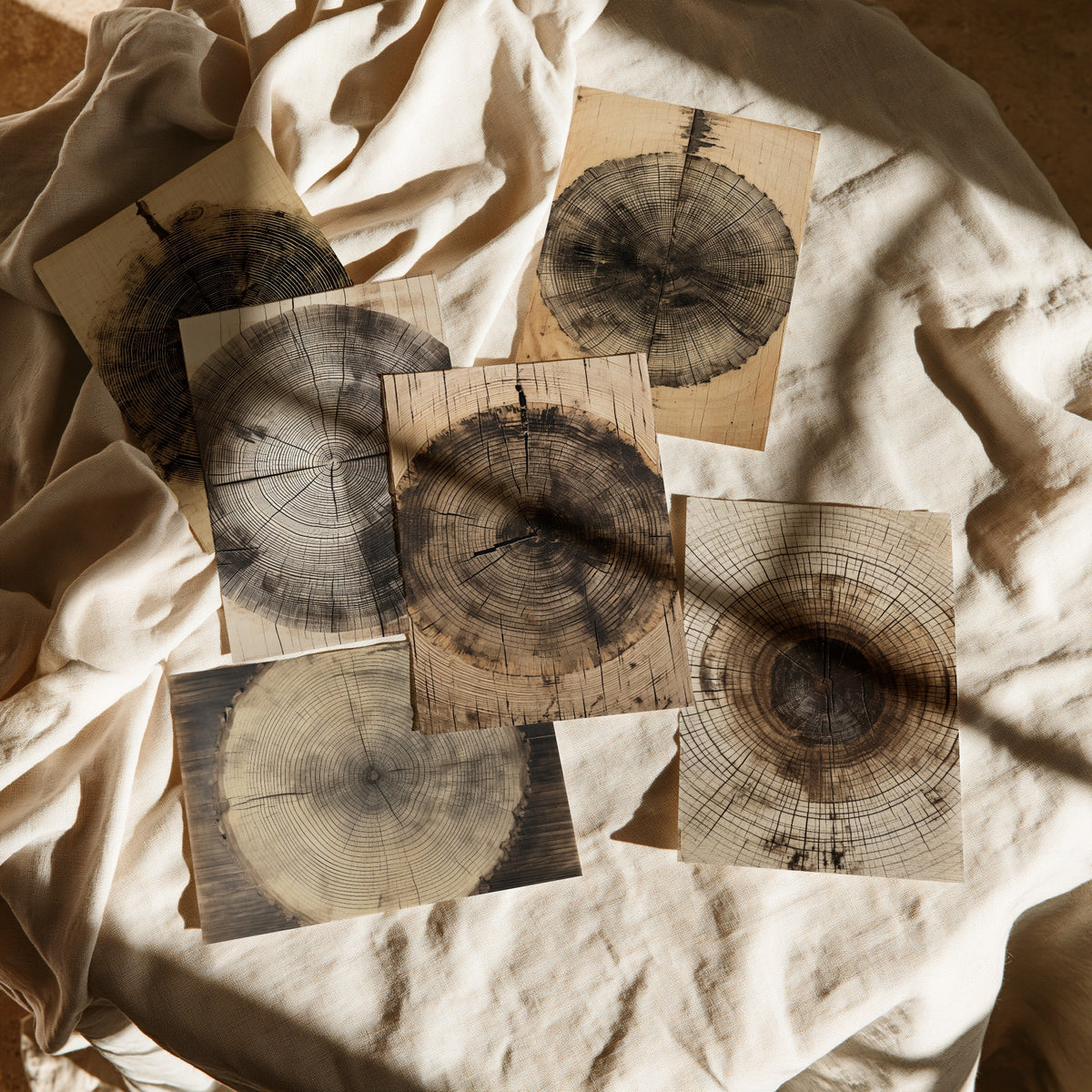 Set of Six Tree Ring Art Prints - 6 Wood Grain Posters - Timber Stump Rings in Sepia, Charcoal and Natural Wood Drawing