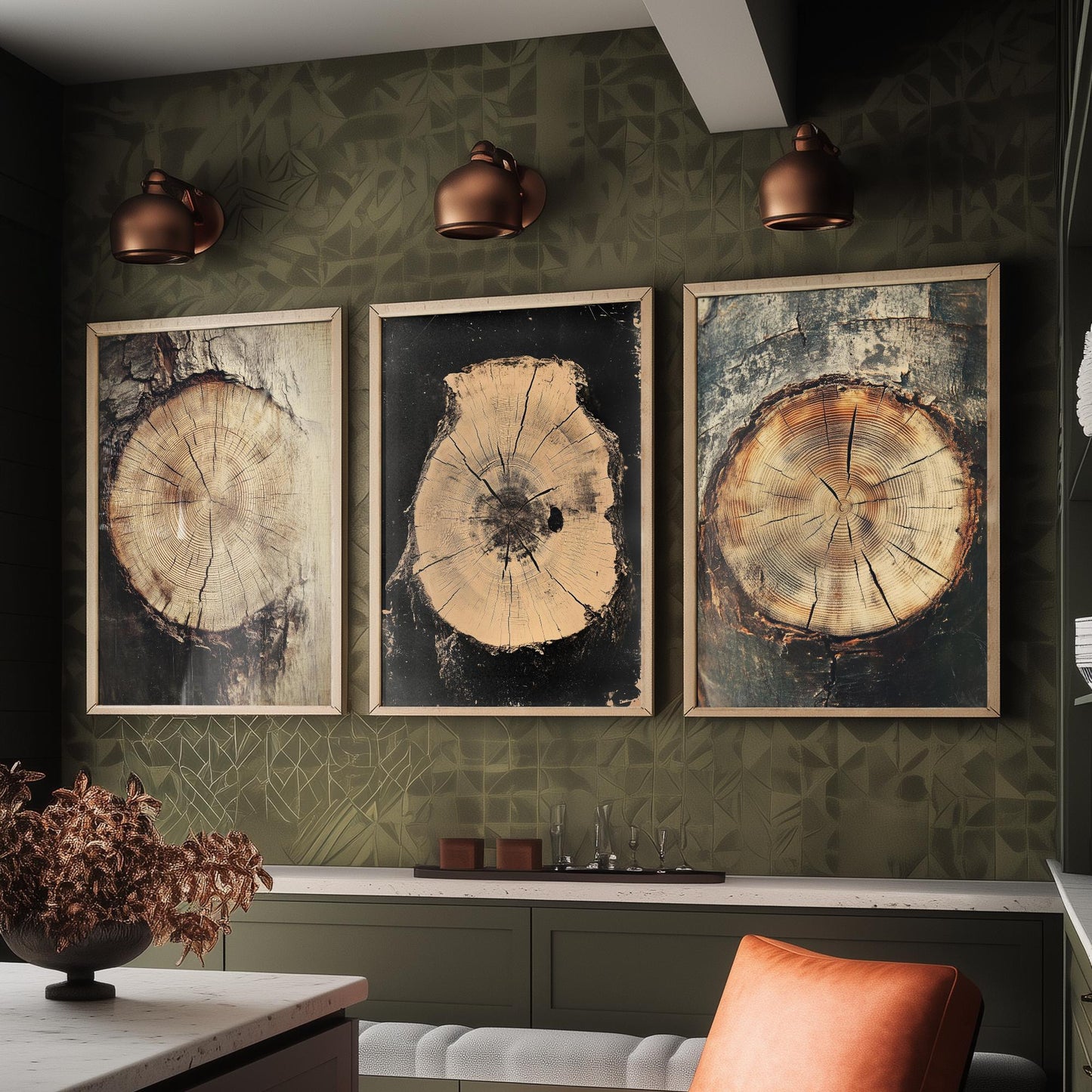 Warm Sepia Wood Grain Set of Three Art Prints Poster Painting Rustic Decor V2