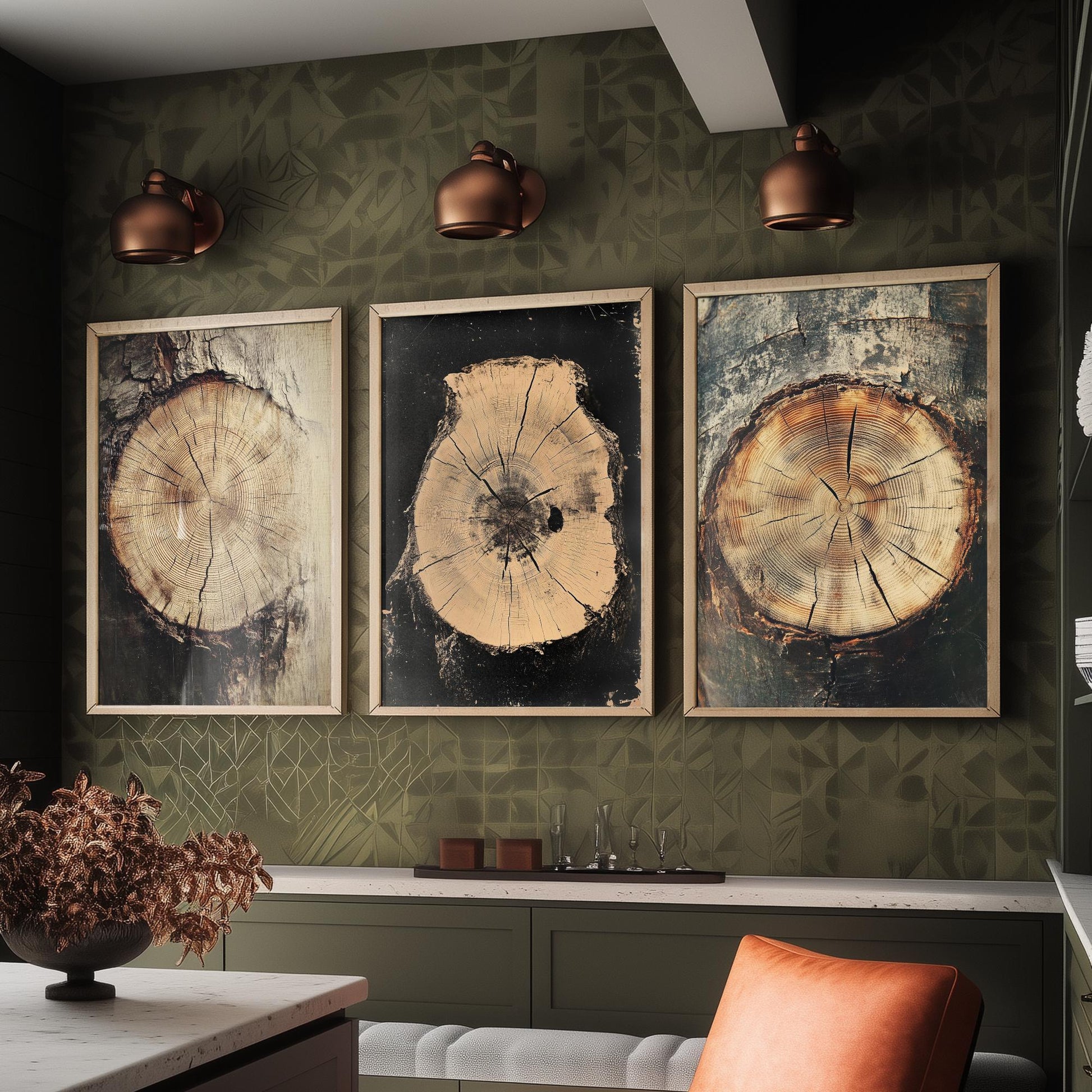 Warm Sepia Wood Grain Set of Three Art Prints Poster Painting Rustic Decor V2