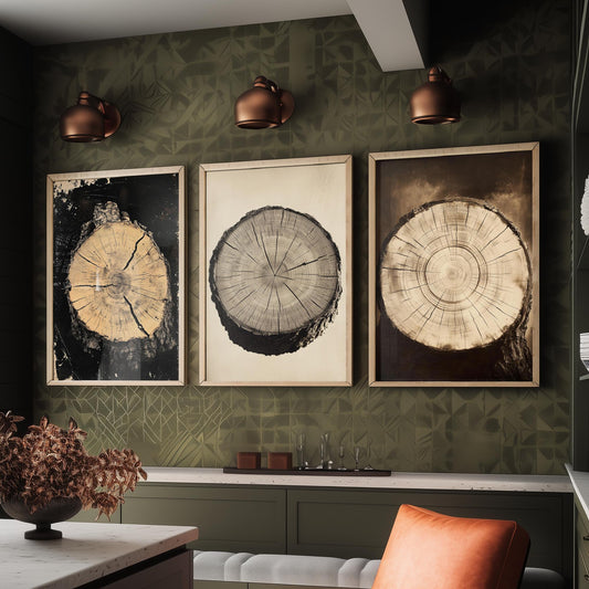 Antique Vintage Wood Ring Set of Three Art Prints Poster Painting Sepia Decor V3