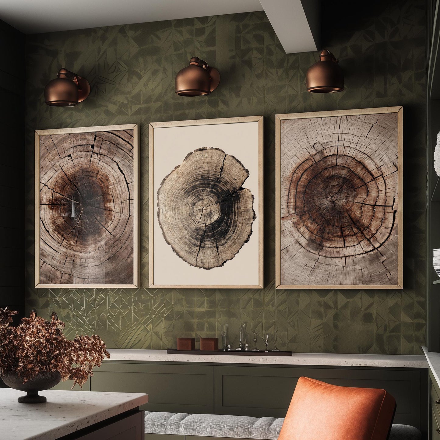 Rich Brown Tree Ring Set of Three Art Prints Poster Painting Rustic Decor V4
