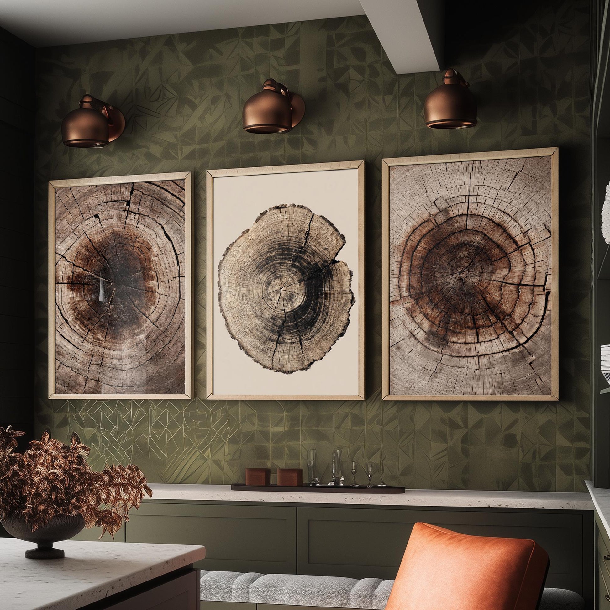 Rich Brown Tree Ring Set of Three Art Prints Poster Painting Rustic Decor V4