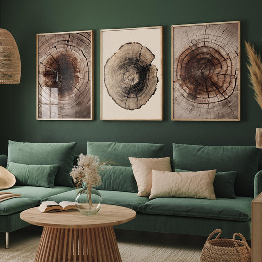 Rich Brown Tree Ring Set of Three Art Prints Poster Painting Rustic Decor V4