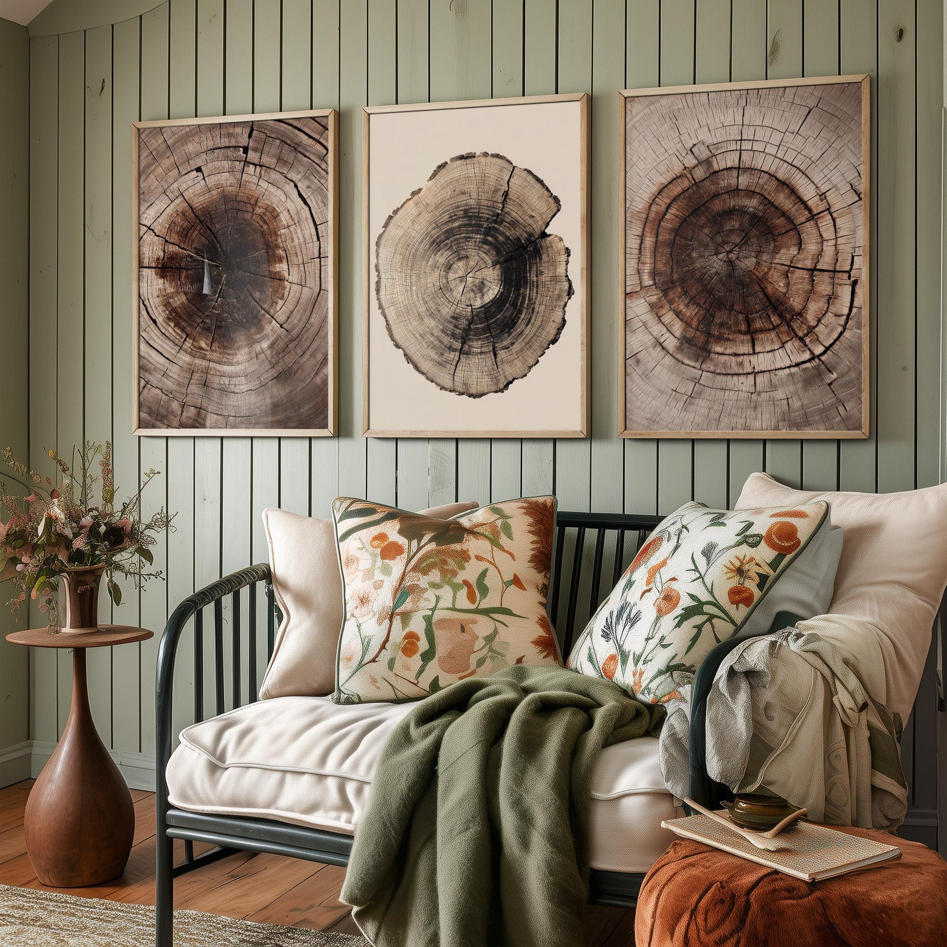 Rich Brown Tree Ring Set of Three Art Prints Poster Painting Rustic Decor V4