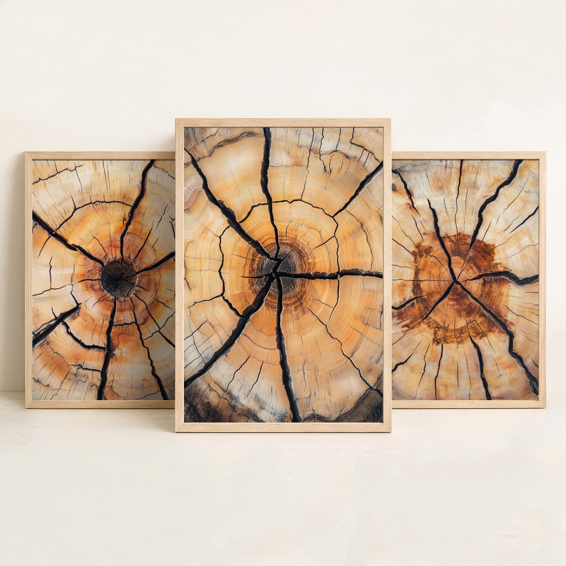 Fiery Amber Cracked Tree Ring Set of Three Art Prints Poster Painting Decor V5