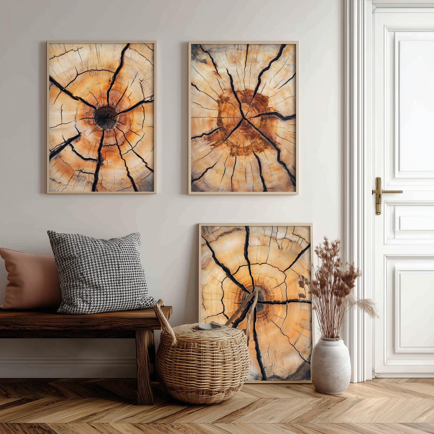 Fiery Amber Cracked Tree Ring Set of Three Art Prints Poster Painting Decor V5