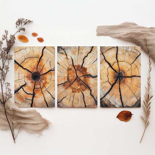 Fiery Amber Cracked Tree Ring Set of Three Art Prints Poster Painting Decor V5