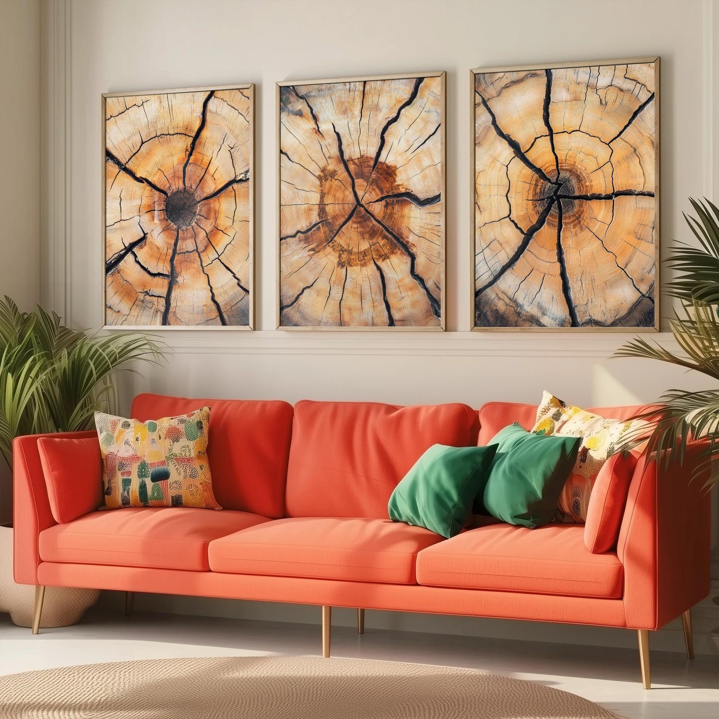 Fiery Amber Cracked Tree Ring Set of Three Art Prints Poster Painting Decor V5