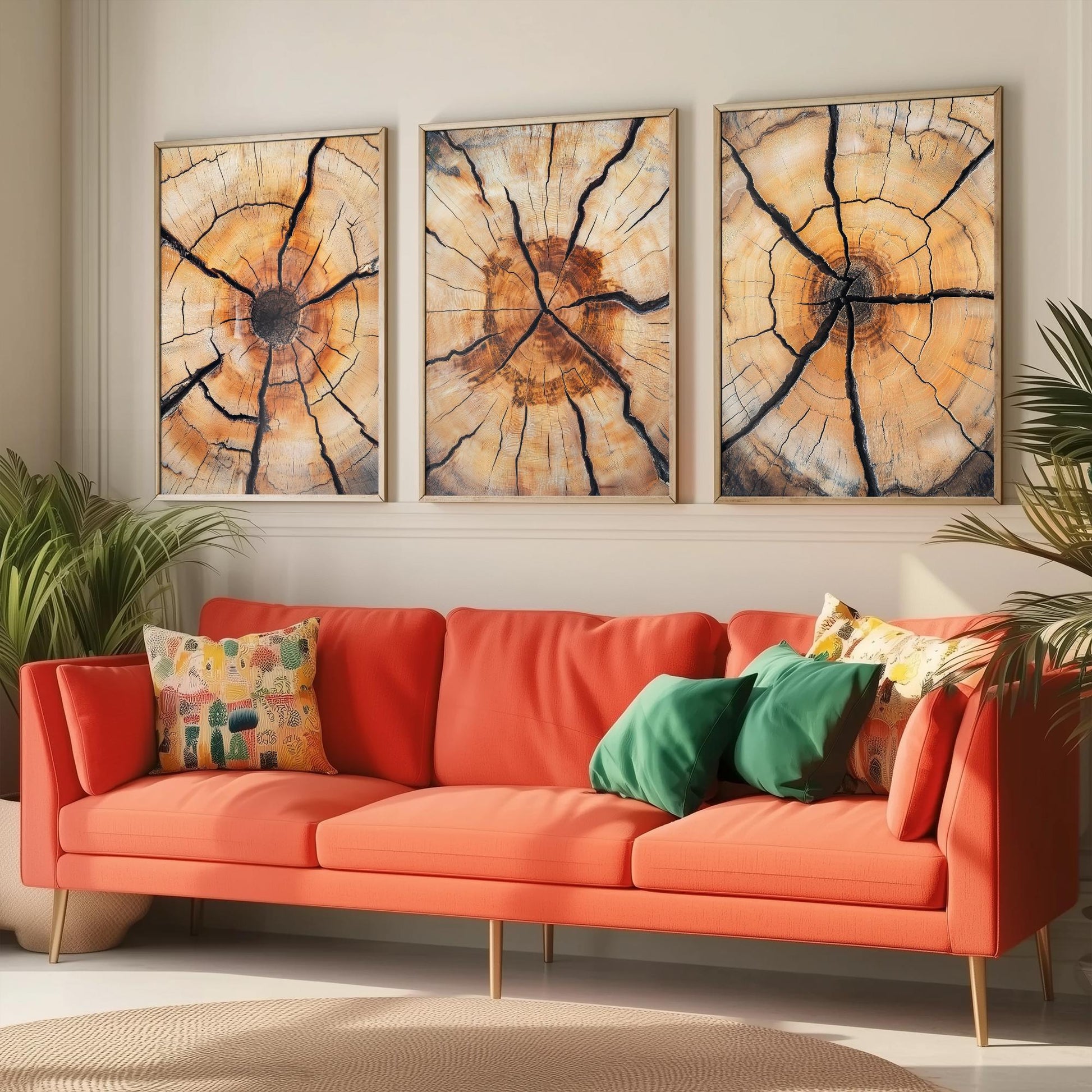 Fiery Amber Cracked Tree Ring Set of Three Art Prints Poster Painting Decor V5