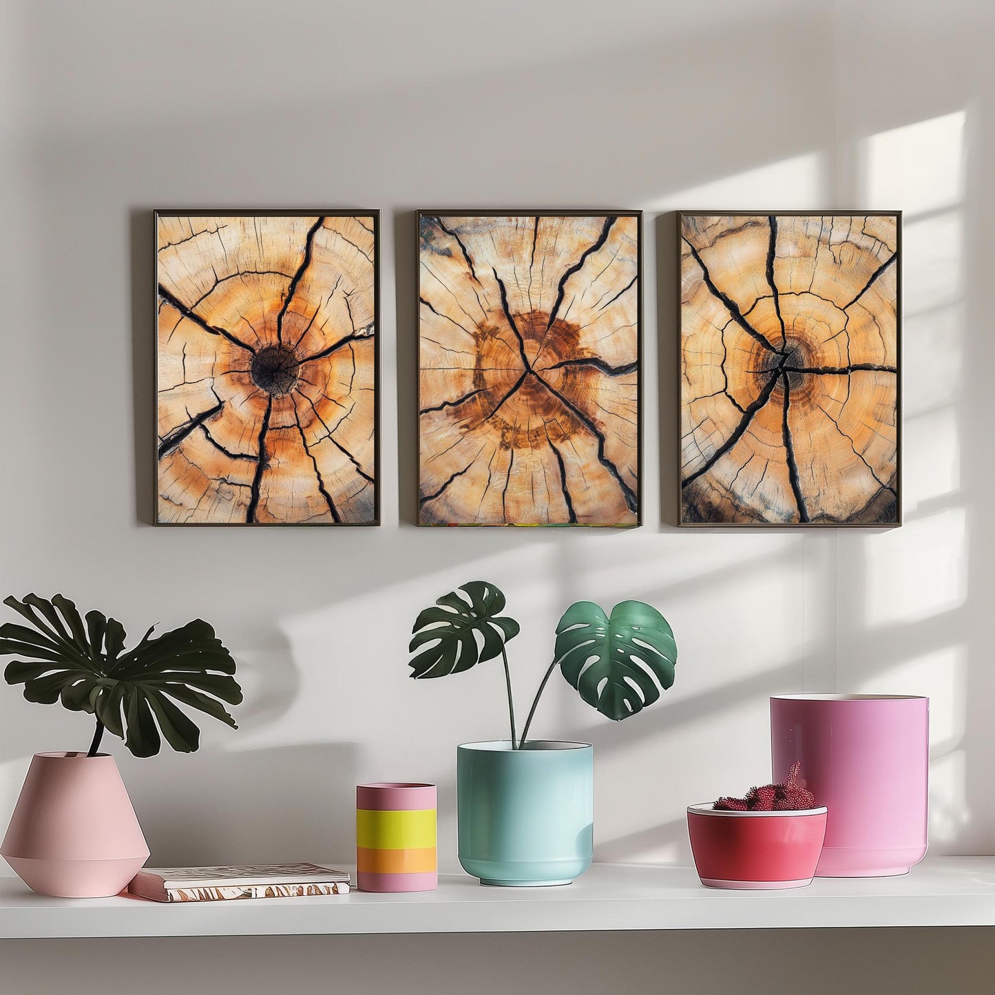 Fiery Amber Cracked Tree Ring Set of Three Art Prints Poster Painting Decor V5