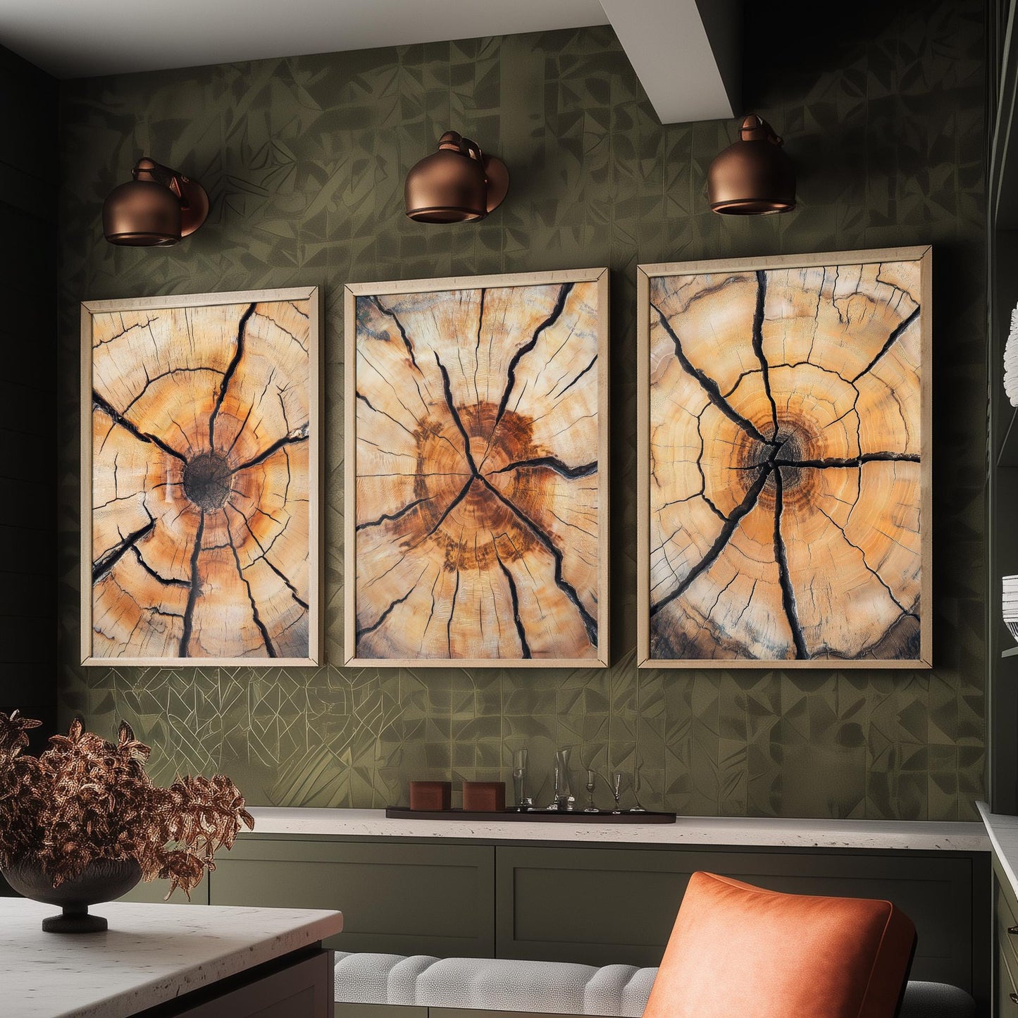Fiery Amber Cracked Tree Ring Set of Three Art Prints Poster Painting Decor V5