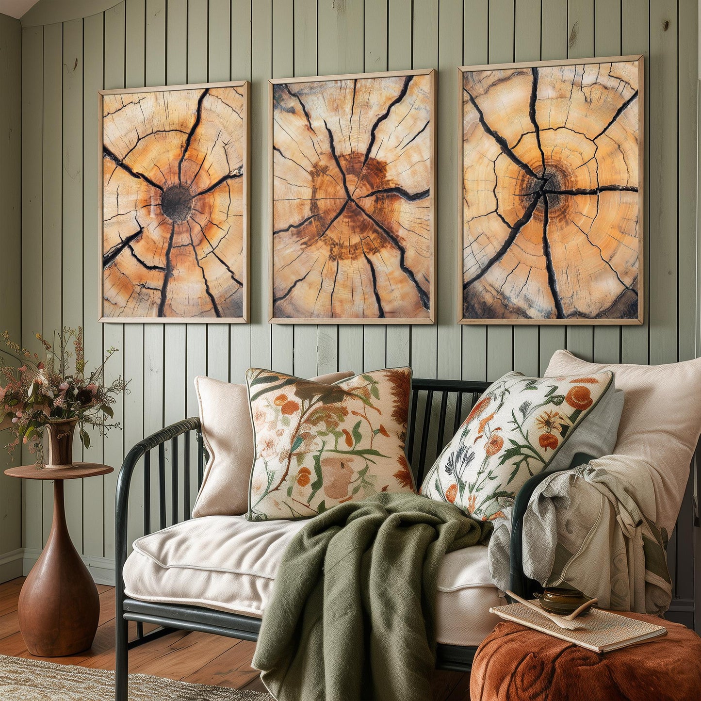 Fiery Amber Cracked Tree Ring Set of Three Art Prints Poster Painting Decor V5