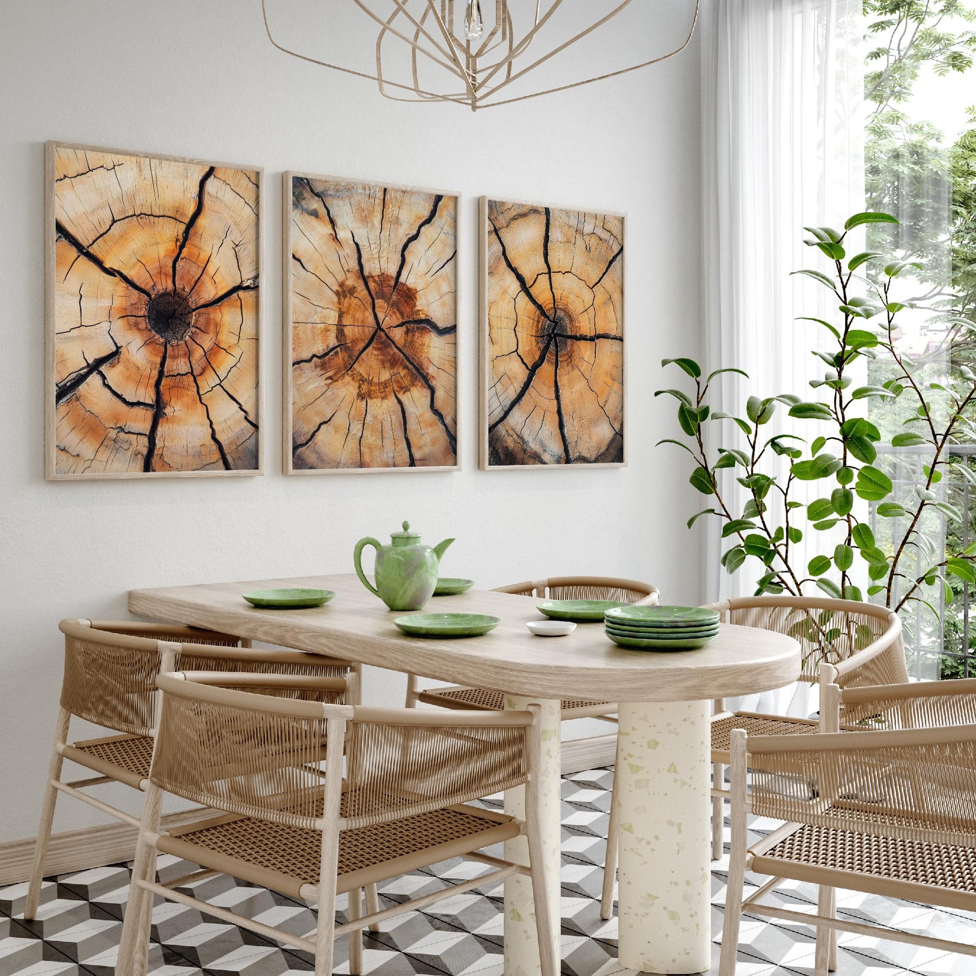 Fiery Amber Cracked Tree Ring Set of Three Art Prints Poster Painting Decor V5