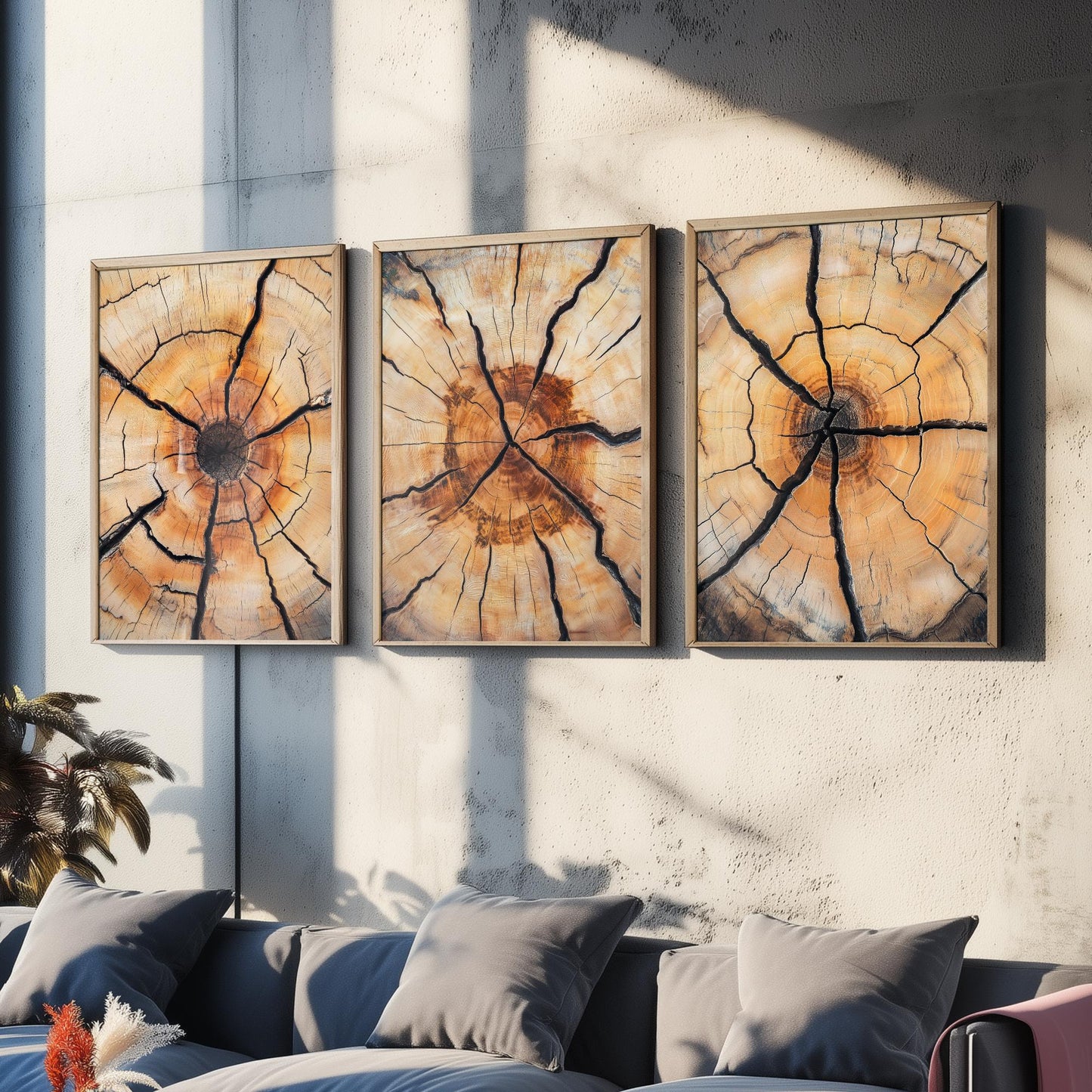 Fiery Amber Cracked Tree Ring Set of Three Art Prints Poster Painting Decor V5
