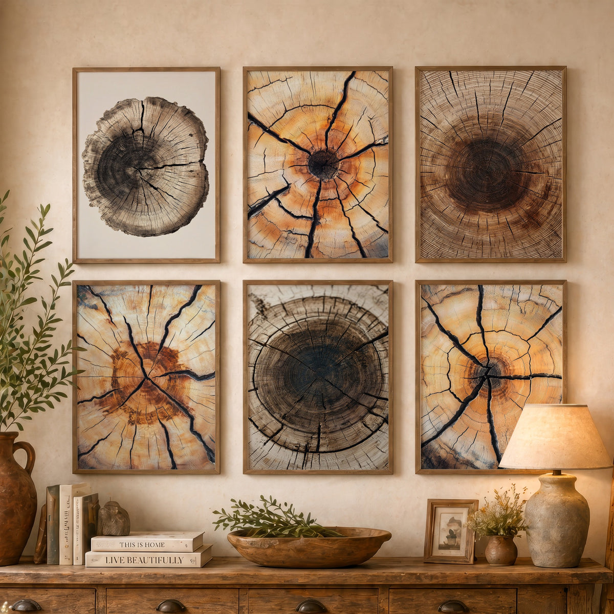Set of Six Cracked Tree Ring Art Prints - 6 Close Up Wood Grain Posters - Amber, Orange and Dark Brown Timber Photo